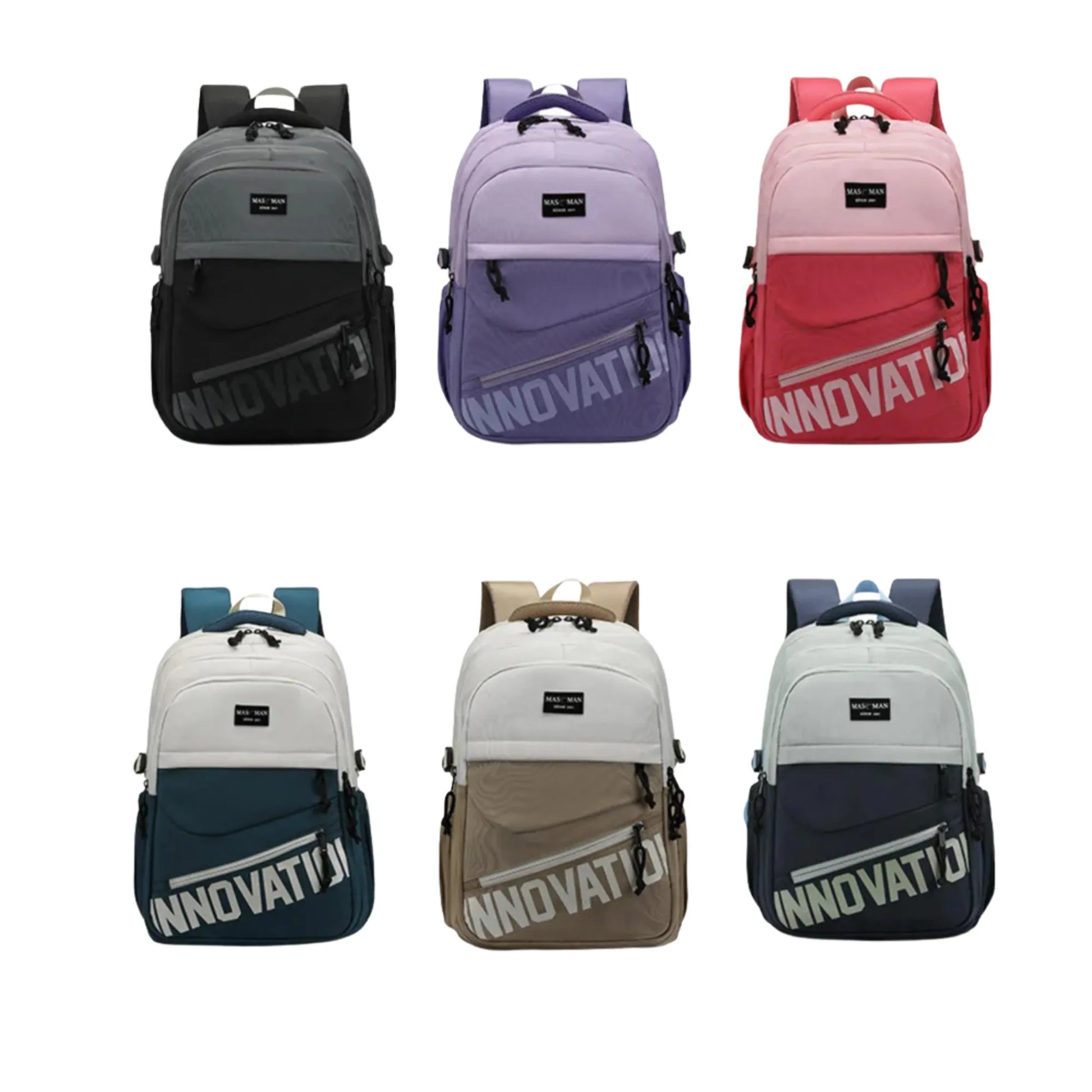 Six backpacks in different colors with 'Innovatio' branding on a white background