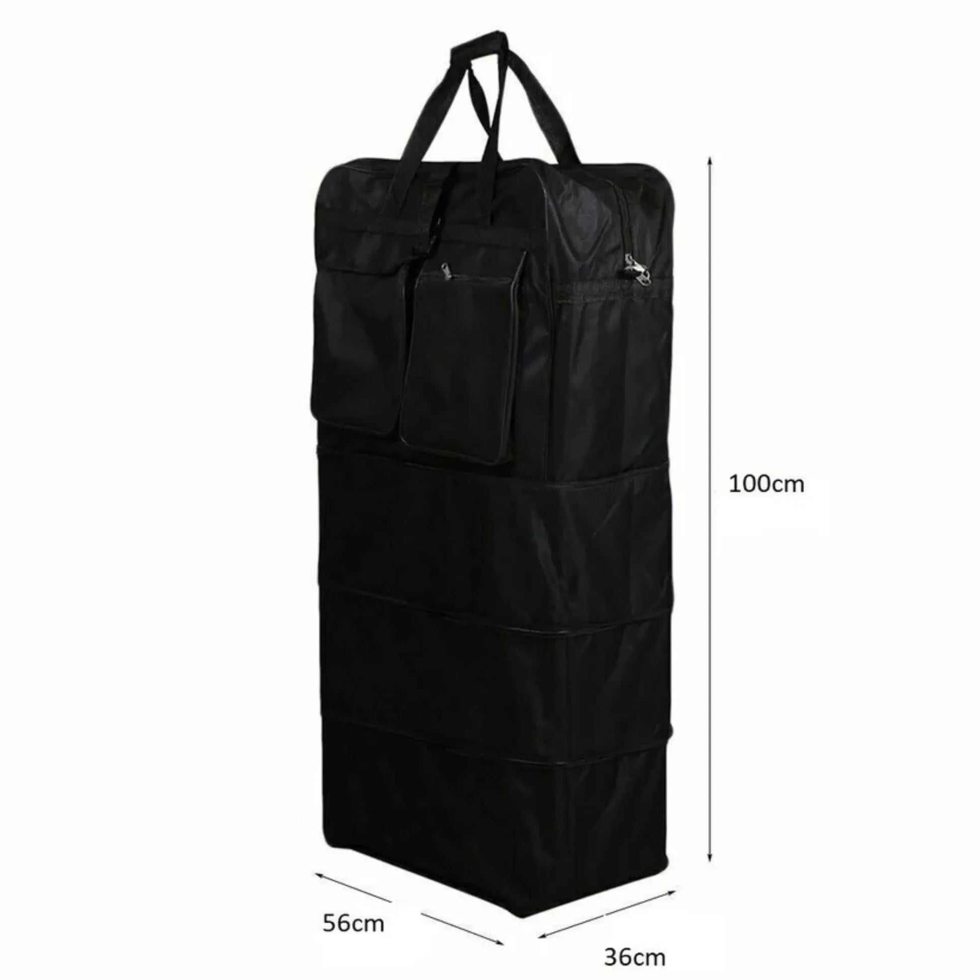 Black garment bag with dimensions on a white background