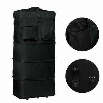 Black travel bag with wheels and additional compartments on a white background