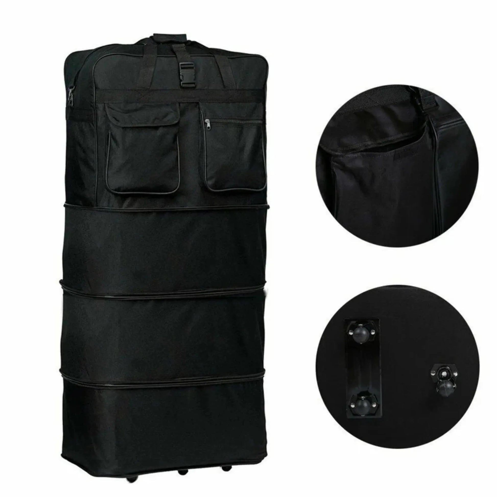 Black travel bag with wheels and additional compartments on a white background