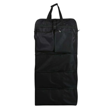Black carrying bag with multiple compartments on a white background
