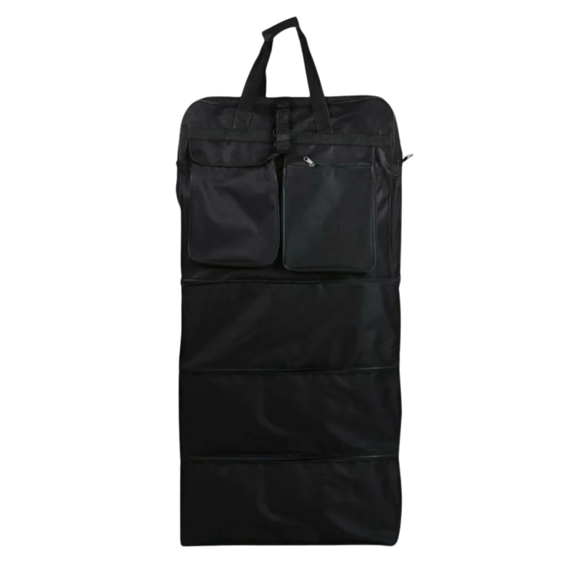 Black carrying bag with multiple compartments on a white background