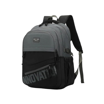 Gray and black backpack with visible branding on a white background