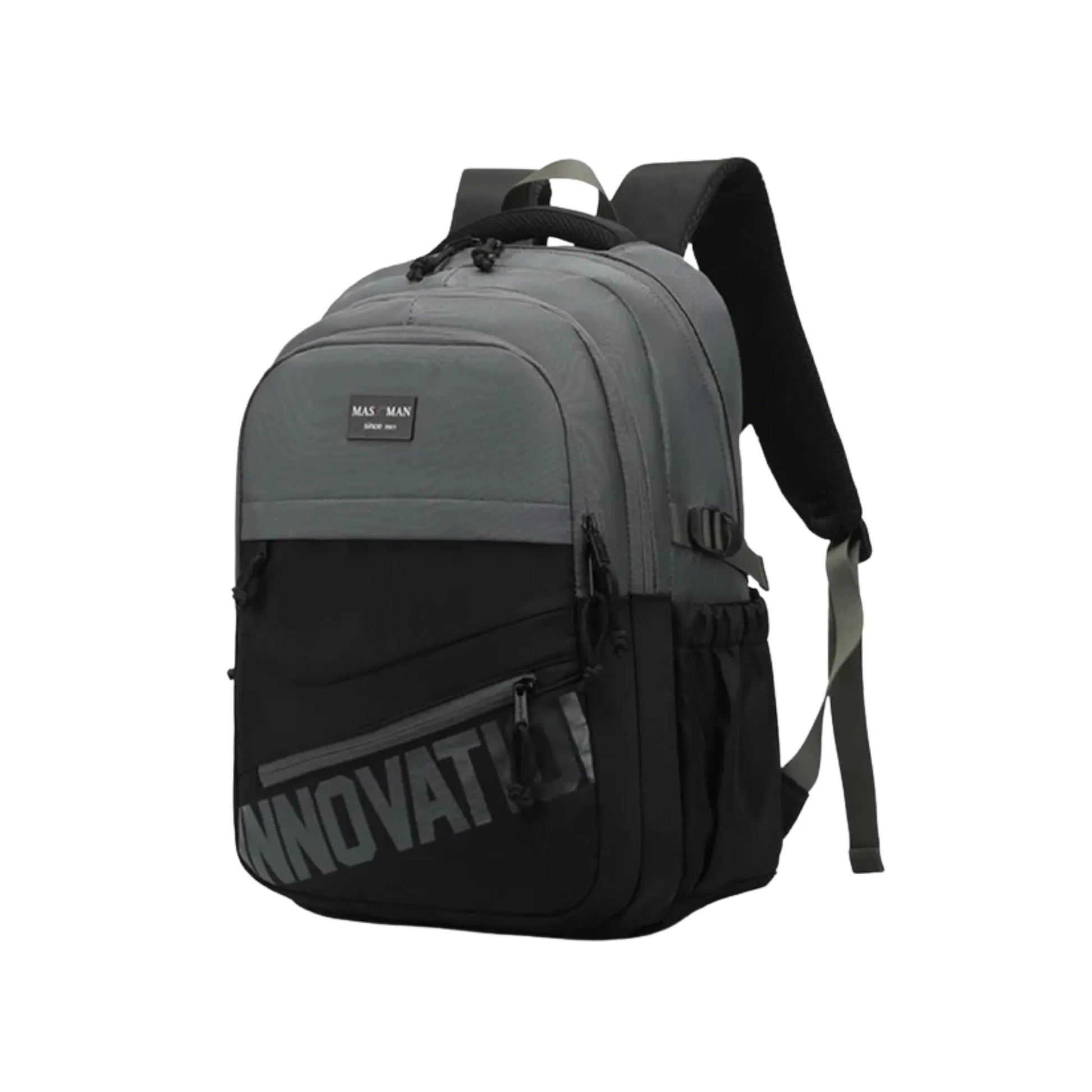 Gray and black backpack with visible branding on a white background
